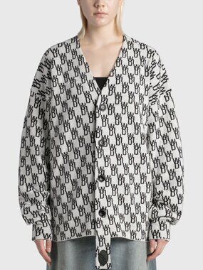 WE11DONE WD1 White Black Logo Wool Cashmere Jacquard Cardigan Sweater, Size S